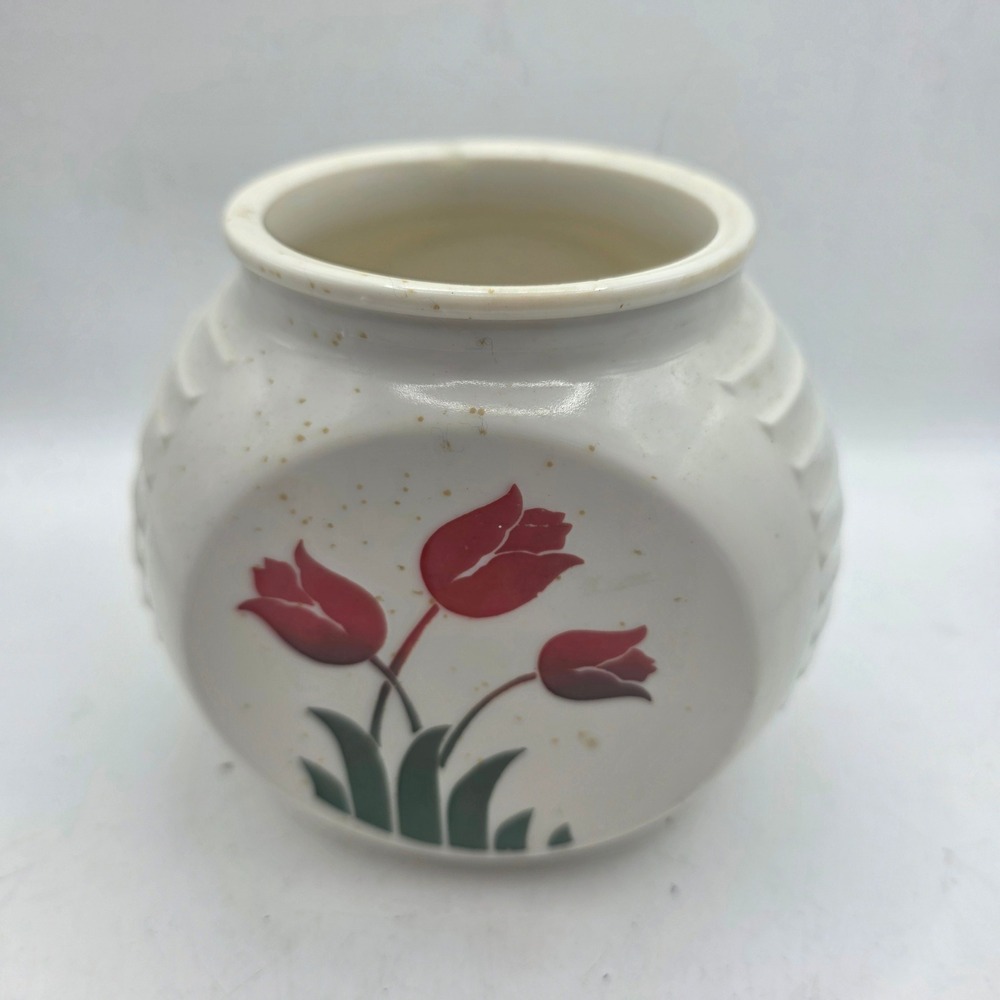 White Ceramic Planter Pot Red Tulip Floral Design Ribbed Round Flower Pot